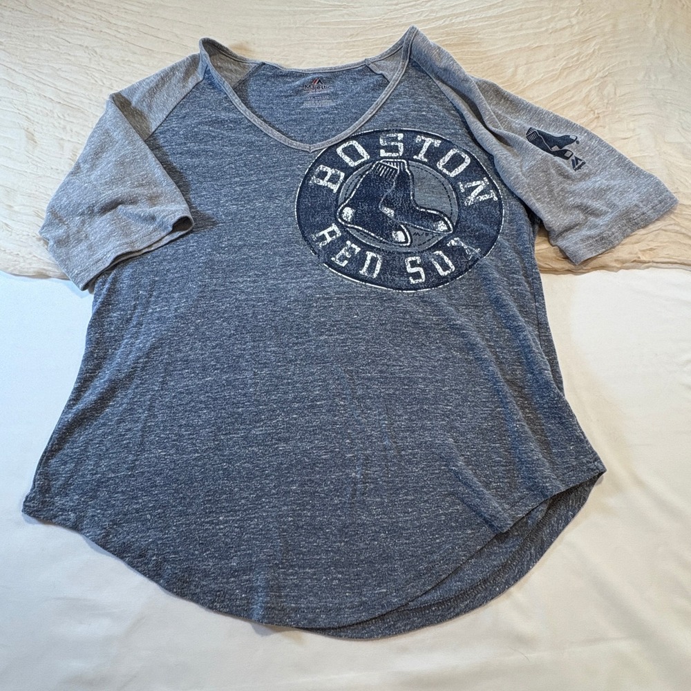 Majestic Womens Blue Red Sox Baseball Style V Neck Tee Size XXL
